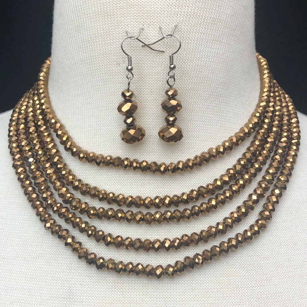 Brown Glass 5 Row Layered Bead Statement Necklace Dangle Earrings Set - Picture 2 of 5